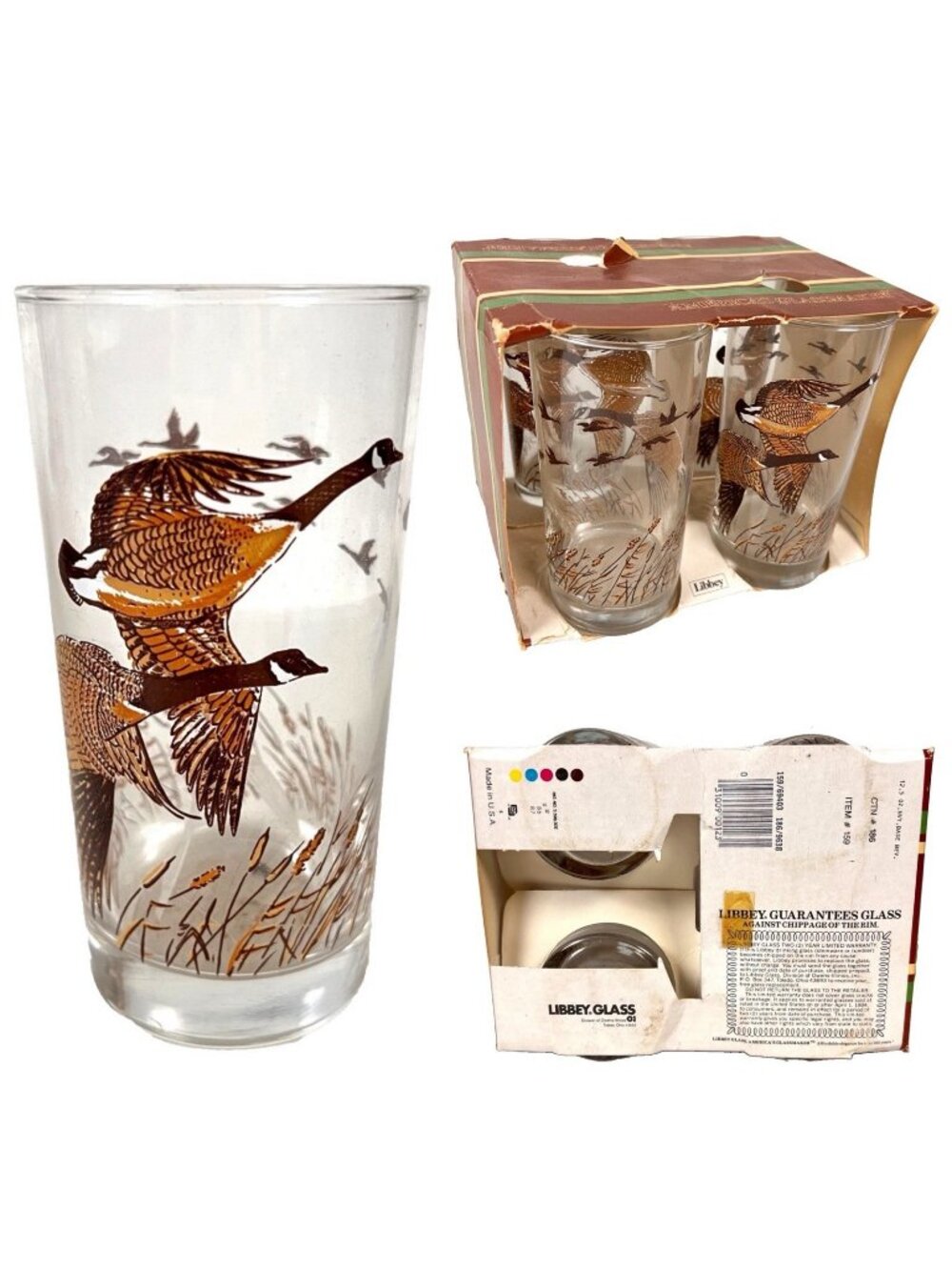 Libbey Sportsmen Canadian Geese Vtg 4 Cocktail Glass Set w/Box 12oz USA